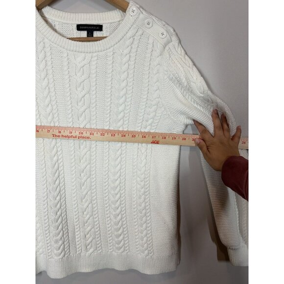 Banana Republic White Cable Knit Sweater Size L Button Shoulder Classic Cozy - Picture 7 of 9